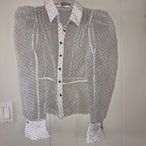 Sheer polka dot puff shoulder button down blouse